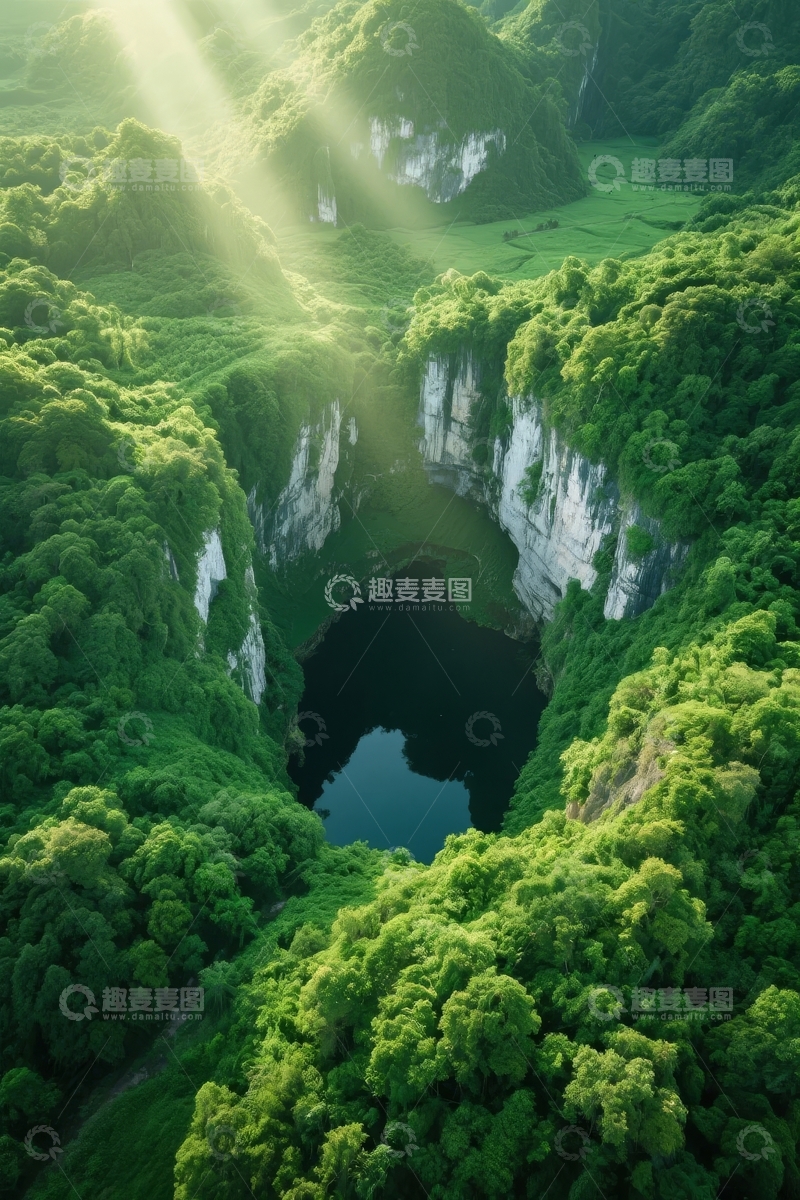 高清大图下载【趣麦麦图】阳光穿透绿树环绕的深邃天坑