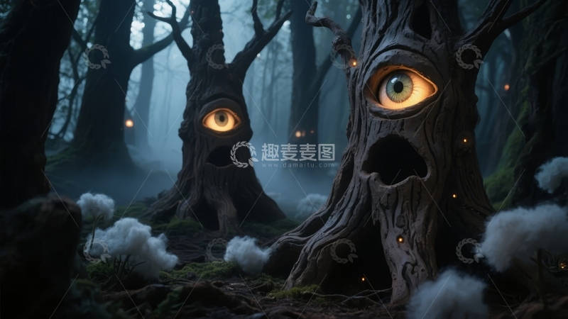 高清大图下载【趣麦麦图】神秘森林中长有眼睛的古老树干