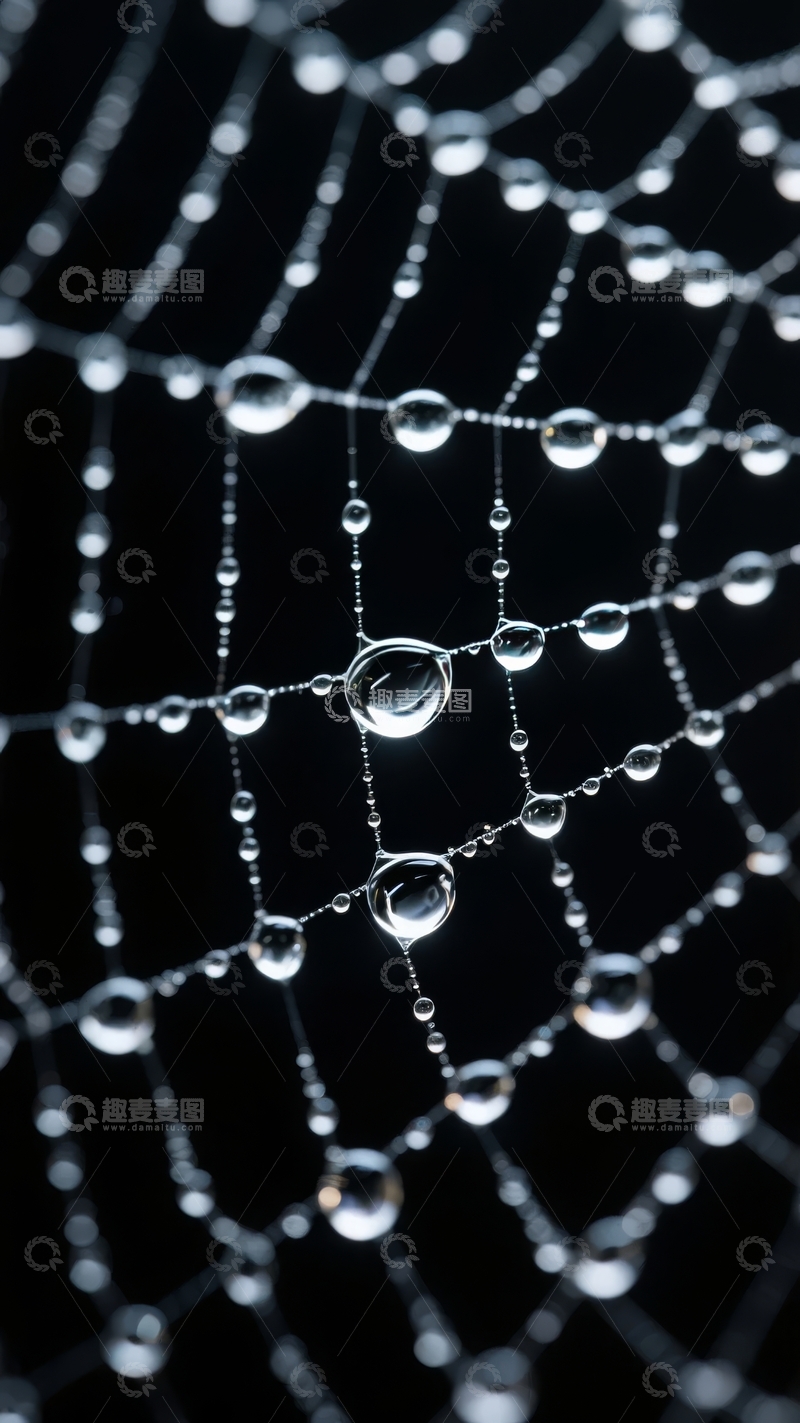 高清大图下载【趣麦麦图】水珠点缀的蛛网在暗背景下闪烁晶莹