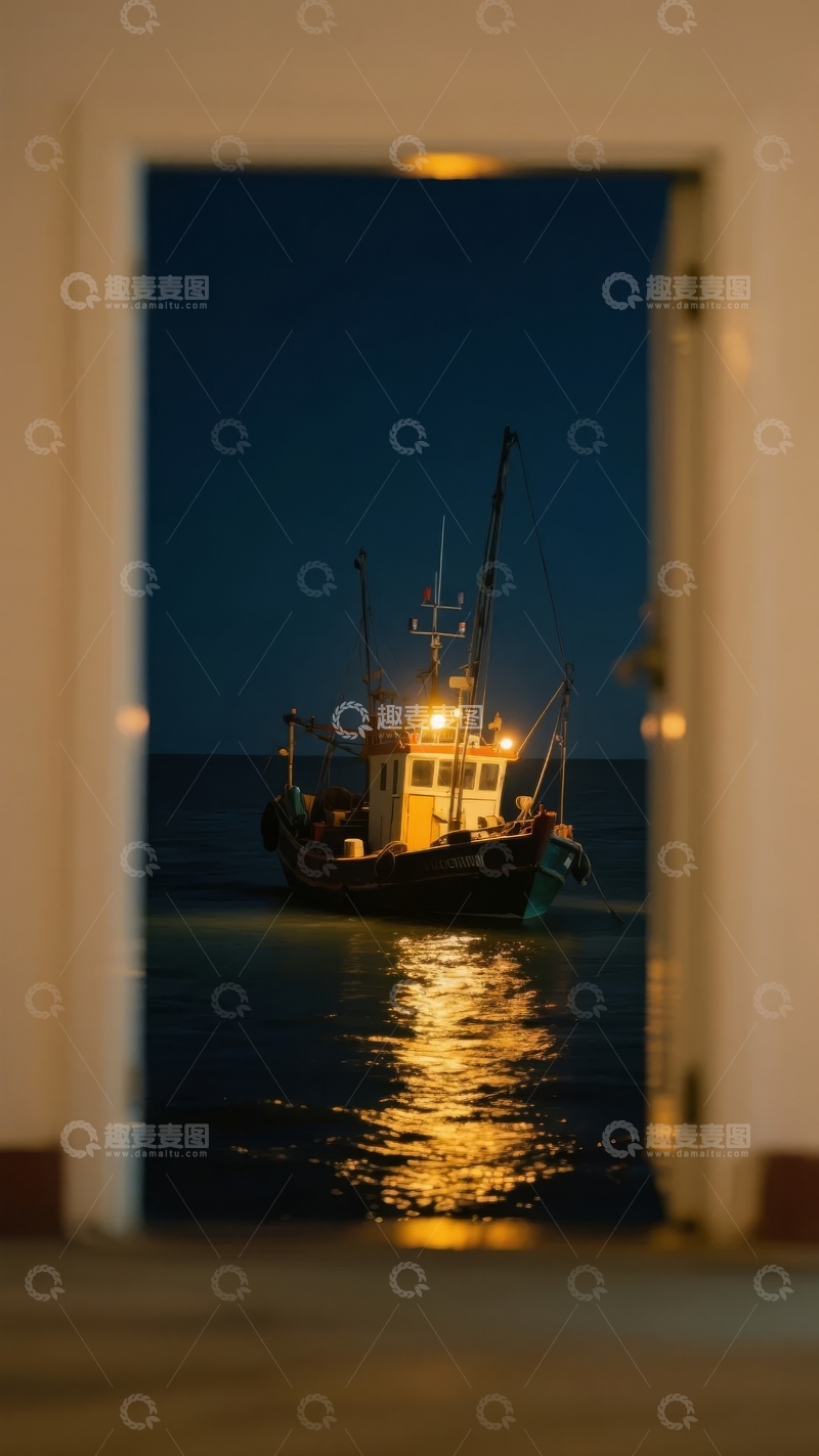 高清大图下载【趣麦麦图】夜晚透过门框看到停泊在海上的渔船