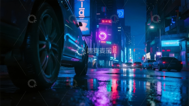 高清大图下载【趣麦麦图】雨夜城市街道霓虹灯闪烁车辆行驶