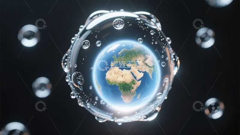 高清大图下载【趣麦麦图】地球被透明水滴环绕的创意艺术图像
