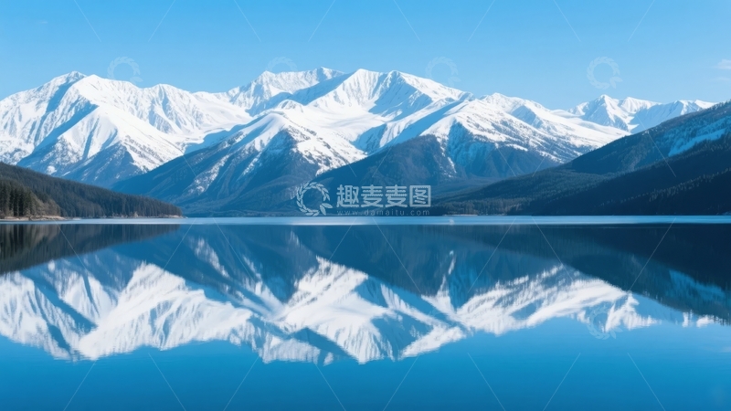 高清大图下载【趣麦麦图】雪山倒映在平静湖面上的壮丽自然景观