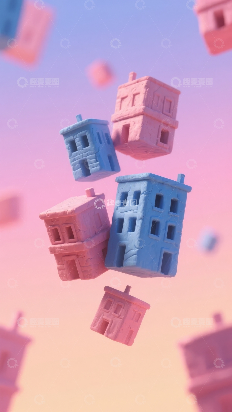 高清大图下载【趣麦麦图】色彩缤纷的微型建筑漂浮在渐变天空中