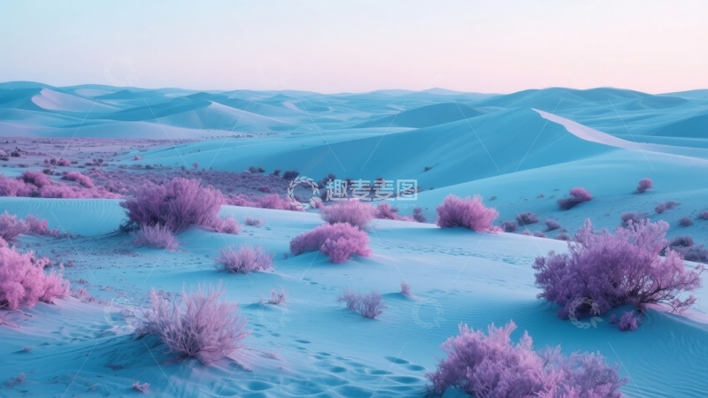 高清大图下载【趣麦麦图】沙漠中蓝紫色植被与沙丘的奇幻景象