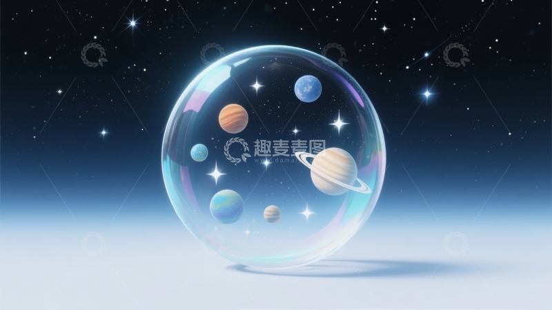 高清大图下载【趣麦麦图】透明球体内宇宙星球与星空的奇幻景象