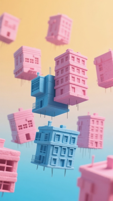 色彩鲜艳的悬浮建筑模型在渐变背景中