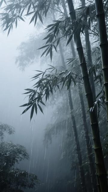 雾气缭绕的竹林中高耸的竹子