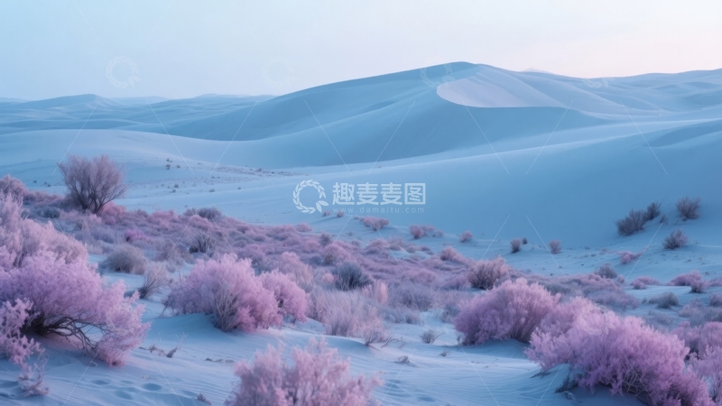 高清大图下载【趣麦麦图】沙漠中粉紫色灌木与沙丘的宁静景象