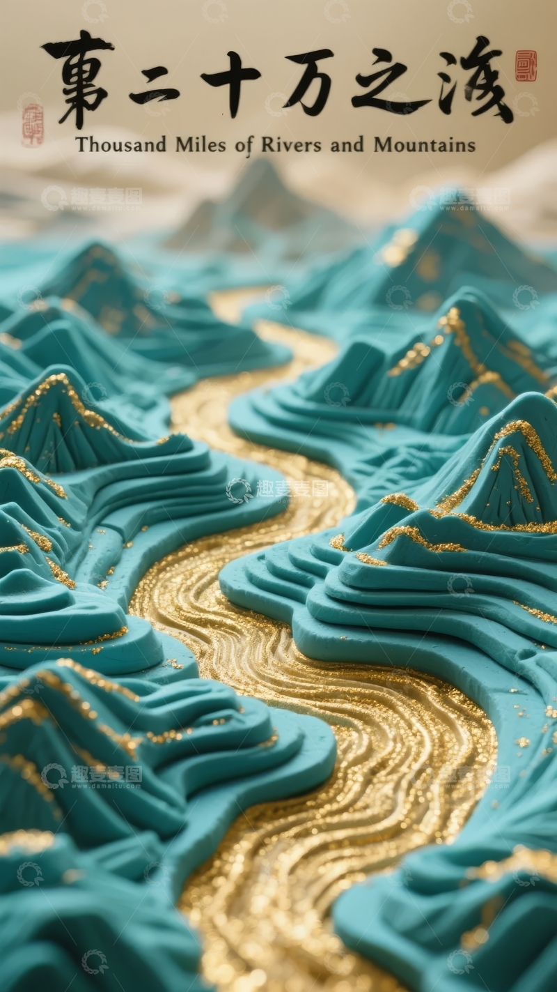 高清大图下载【趣麦麦图】青色山脉与金色河流交织的壮丽景观