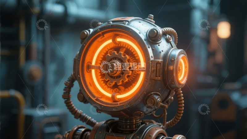 高清大图下载【趣麦麦图】未来科技风格机械头盔发光齿轮细节特写