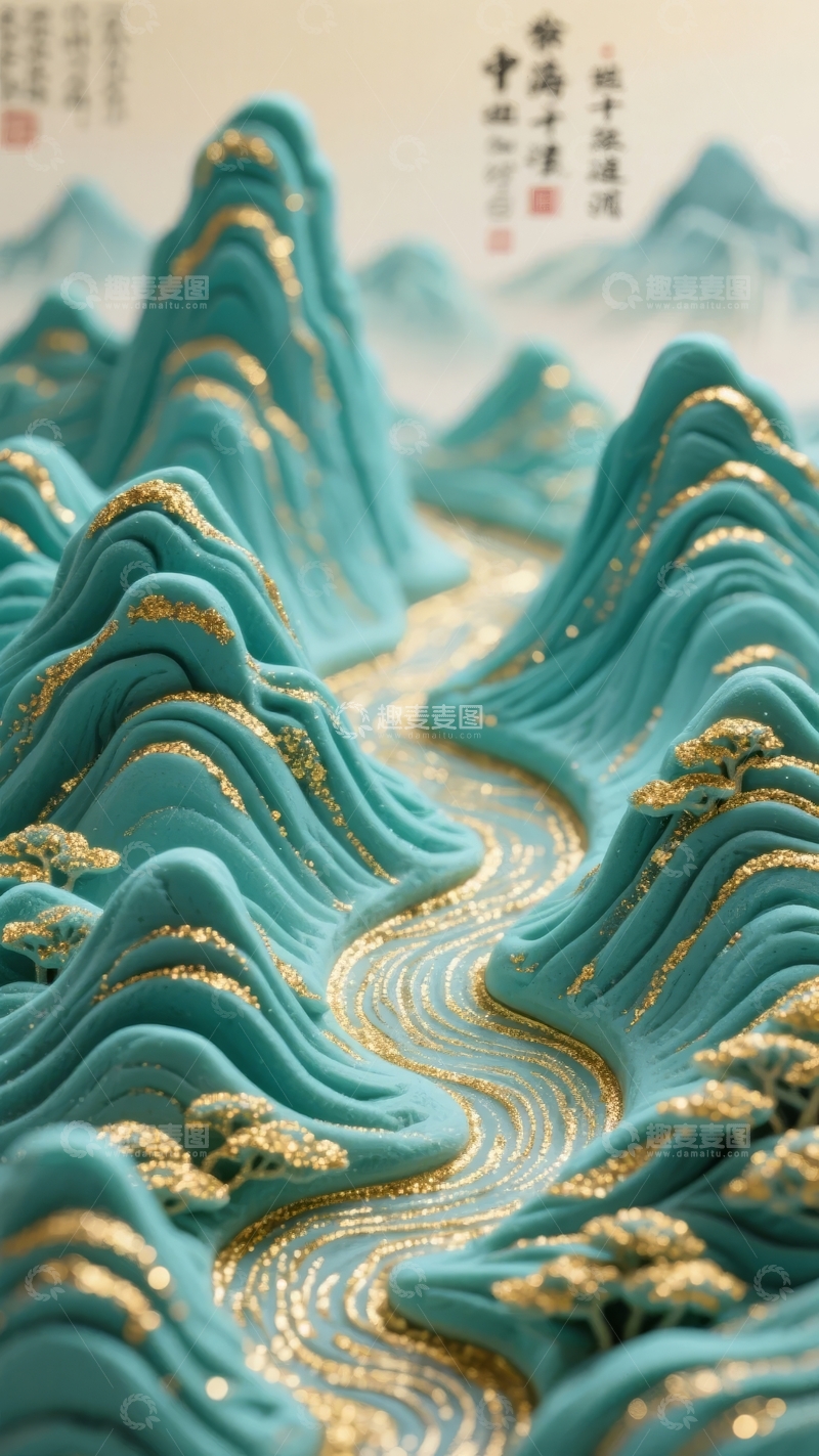 高清大图下载【趣麦麦图】青色山峦与金色溪流交织的抽象山水画