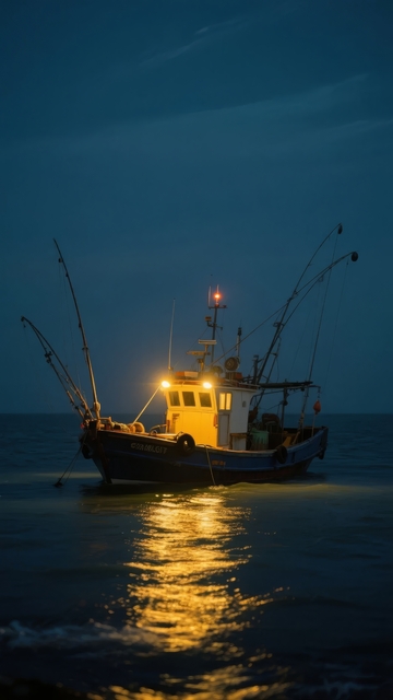 夜晚海面上停泊的渔船灯光倒影