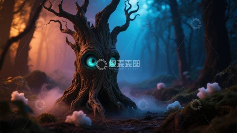 高清大图下载【趣麦麦图】神秘森林中发光双眼的古老巨树