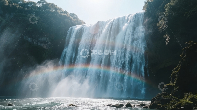 高清大图下载【趣麦麦图】壮观瀑布喷涌彩虹映衬自然美景