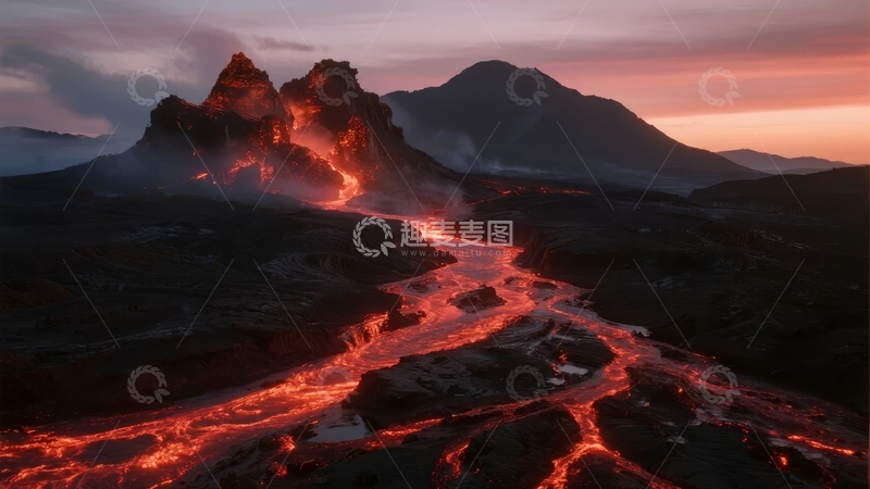 高清大图下载【趣麦麦图】火山喷发熔岩流淌于崎岖山地景观