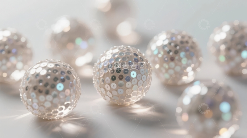 多颗闪亮球体排列在光滑表面上