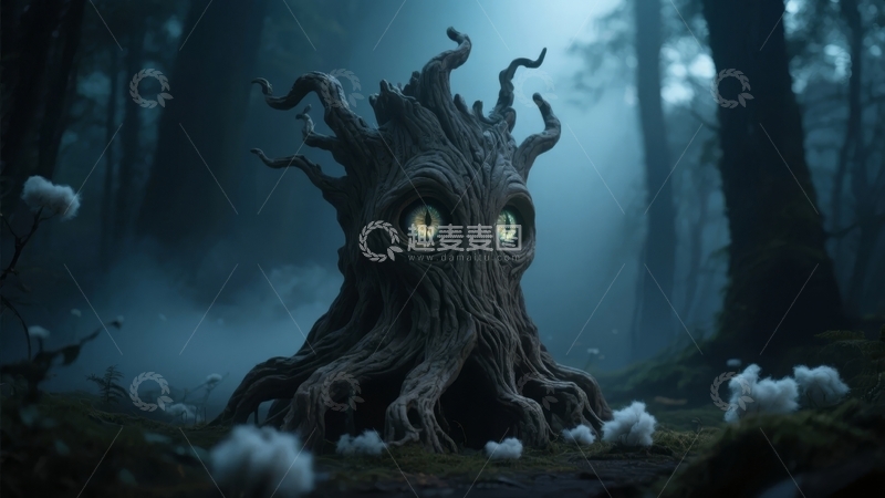 高清大图下载【趣麦麦图】神秘森林中拥有发光眼睛的古老树精雕像