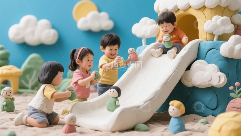 高清大图下载【趣麦麦图】四个孩子在色彩鲜艳的滑梯上玩耍