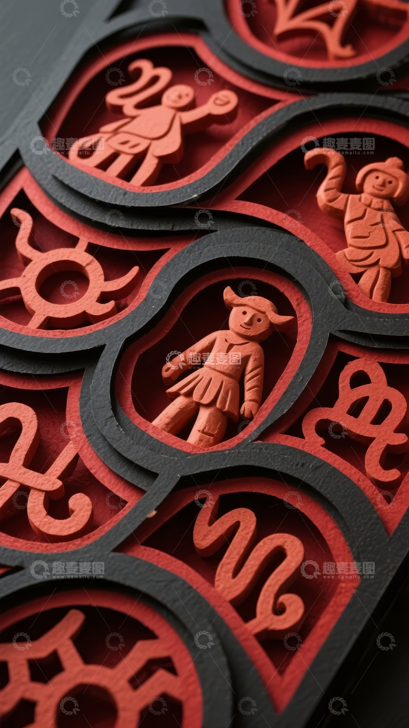 高清大图下载【趣麦麦图】红色镂空雕刻图案展示星座与人物形象