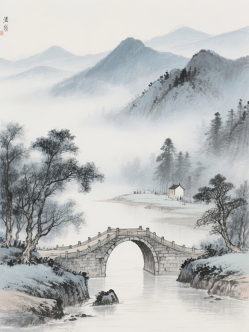 雾气缭绕的山水间一座古桥横跨溪流