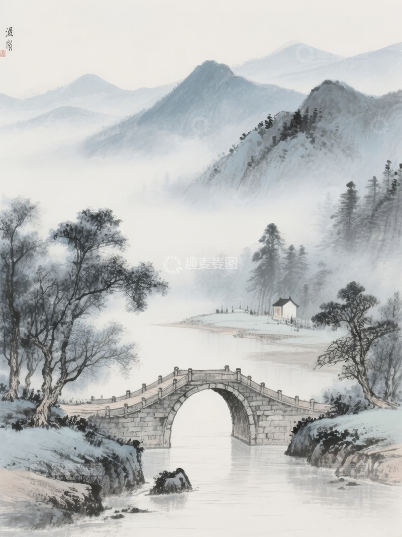 高清大图下载【趣麦麦图】雾气缭绕的山水间一座古桥横跨溪流