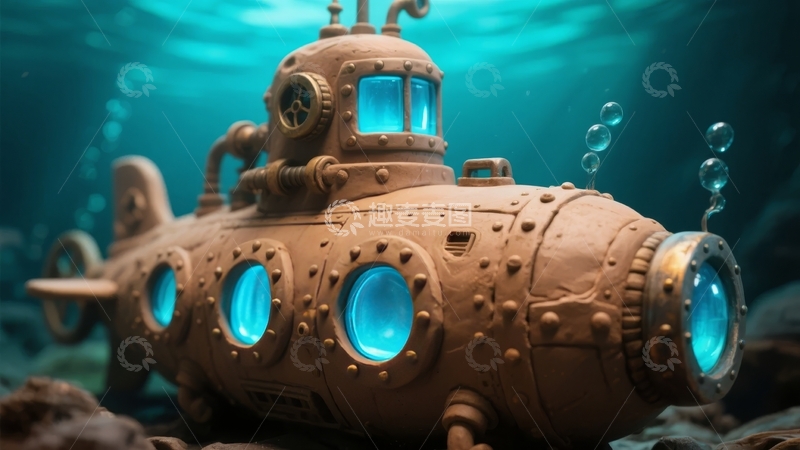 高清大图下载【趣麦麦图】复古风格潜水艇在水下环境中发光