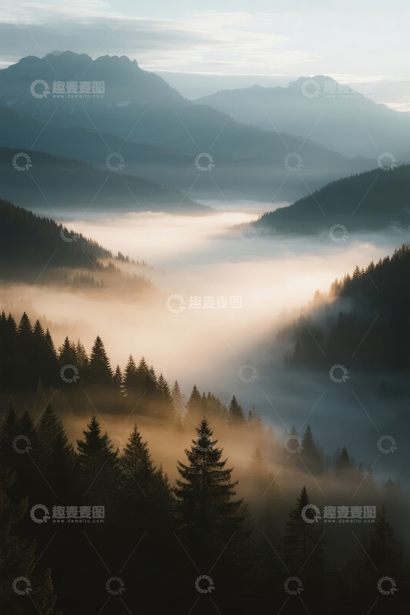 高清大图下载【趣麦麦图】晨雾缭绕的山林间云海翻涌