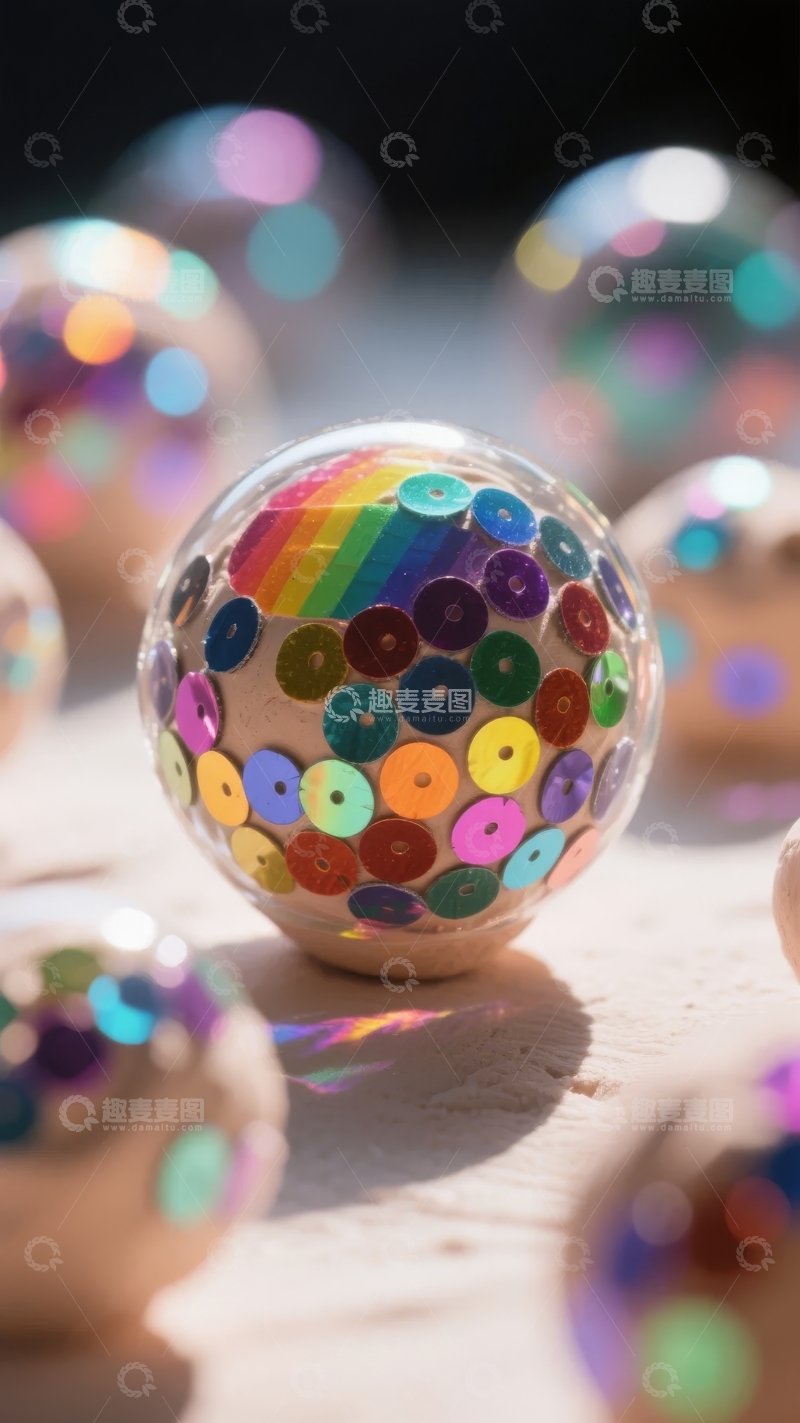 高清大图下载【趣麦麦图】-装饰彩球在柔和光线下闪耀着彩虹光泽