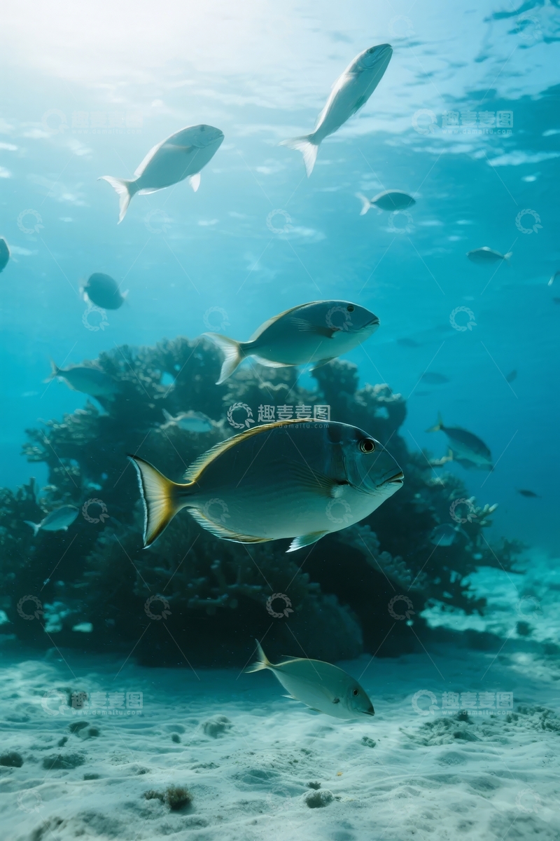 高清大图下载【趣麦麦图】海底珊瑚礁周围游动的鱼类群落
