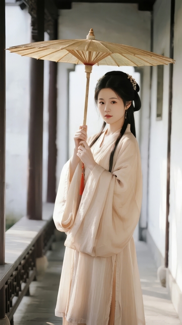 身着古装手持油纸伞的女子伫立于长廊