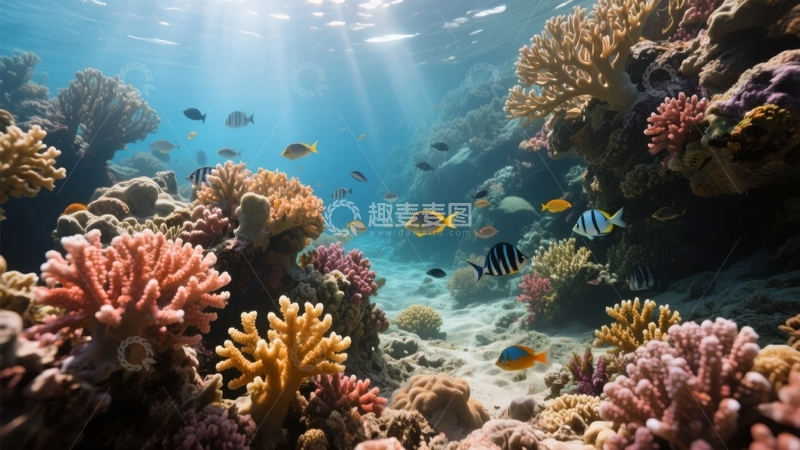 高清大图下载【趣麦麦图】色彩斑斓的海底珊瑚礁与游弋的热带鱼群