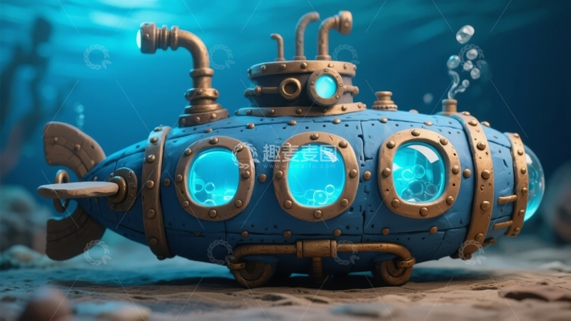 高清大图下载【趣麦麦图】蓝色复古风格潜水艇模型置于海底场景