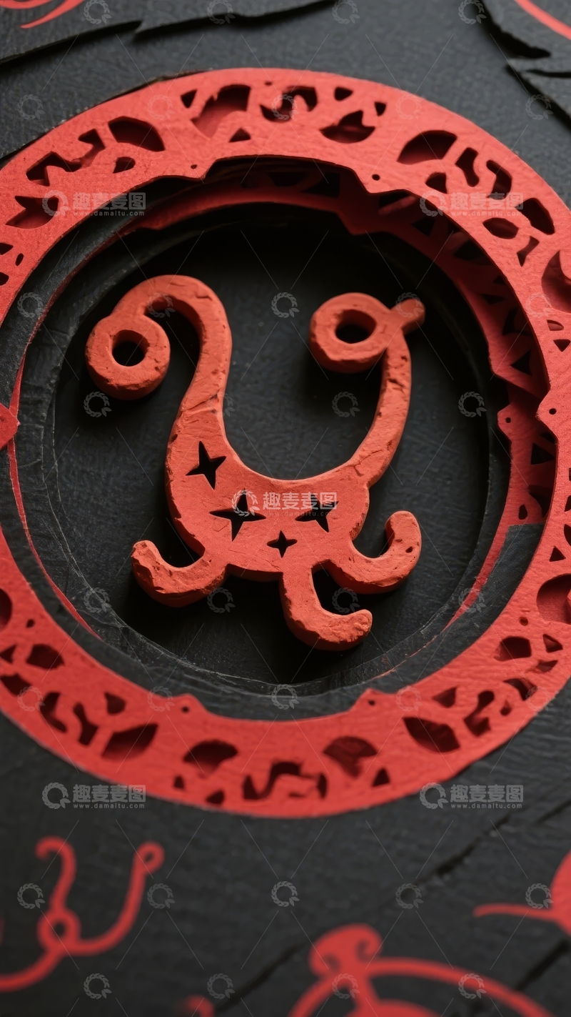 高清大图下载【趣麦麦图】-红色镂空图案中的抽象龙形设计