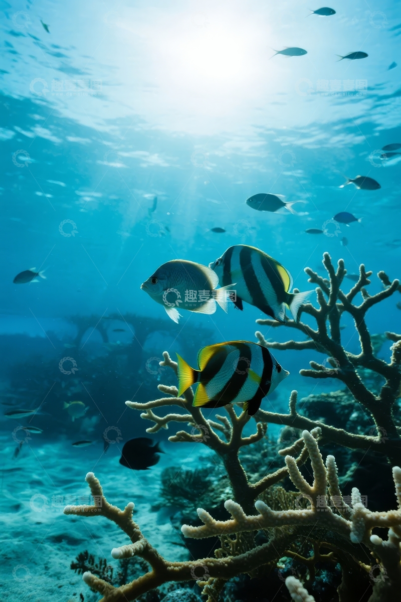 高清大图下载【趣麦麦图】阳光穿透清澈海水照亮珊瑚礁与游弋鱼群
