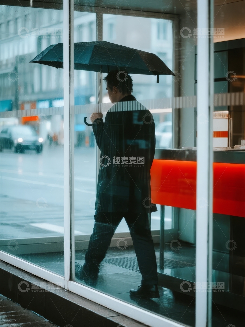 高清大图下载【趣麦麦图】雨天街头行人撑伞走过玻璃建筑