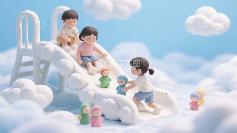 高清大图下载【趣麦麦图】卡通风格儿童在云朵滑梯上玩耍的梦幻场景