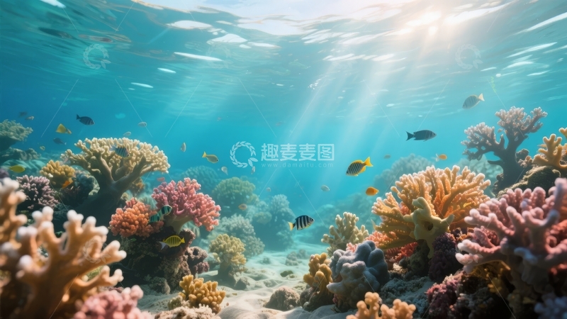 高清大图下载【趣麦麦图】色彩斑斓的海底珊瑚礁与游弋的鱼群