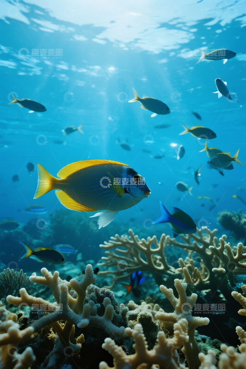 高清大图下载【趣麦麦图】色彩斑斓的珊瑚礁中游弋着各种热带鱼