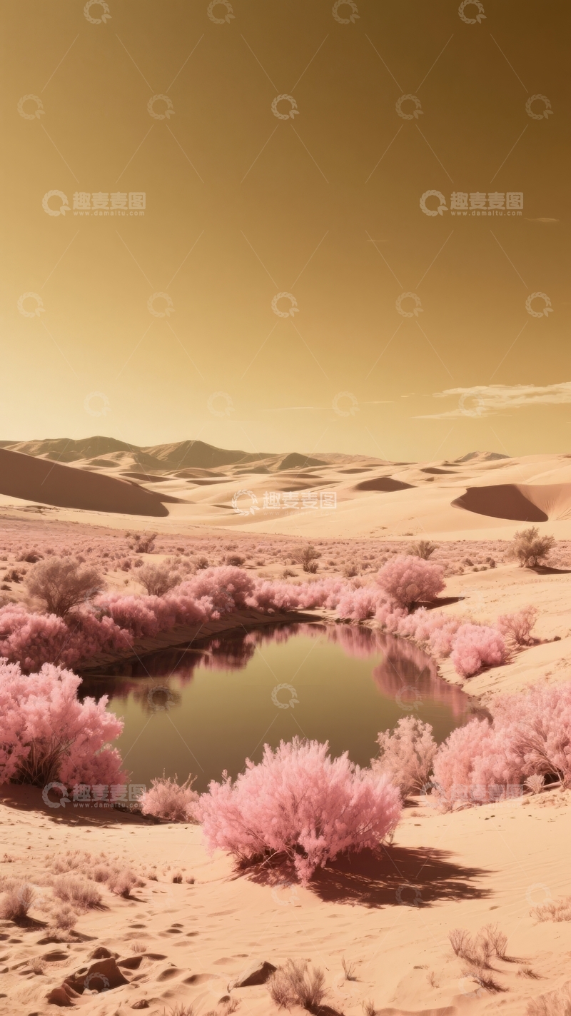 高清大图下载【趣麦麦图】沙漠中粉色灌木与静谧水塘的奇幻景象