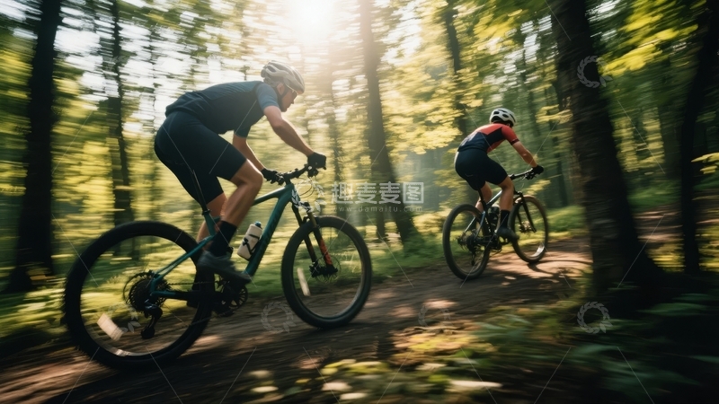 高清大图下载【趣麦麦图】两人在林间小道上骑行山地自行车