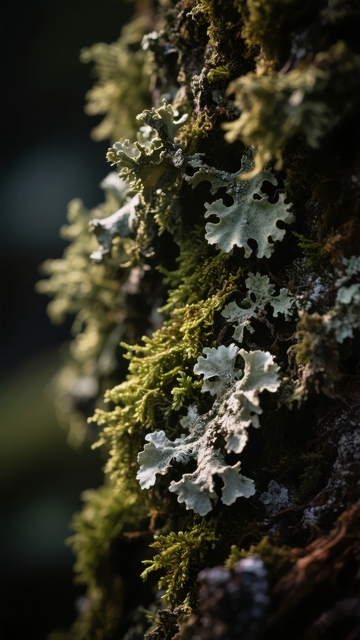 树干上生长的苔藓和地衣细节特写