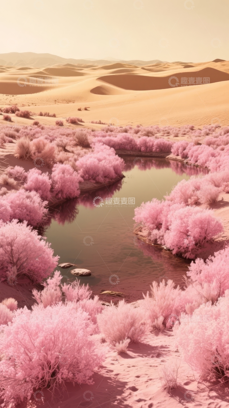 高清大图下载【趣麦麦图】沙漠绿洲中粉色灌木与河流的奇幻景象