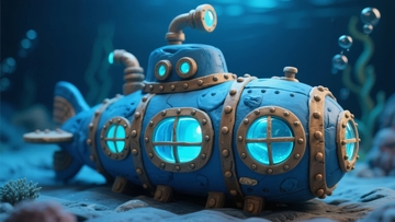 蓝色蒸汽朋克风格潜艇在海底环境中