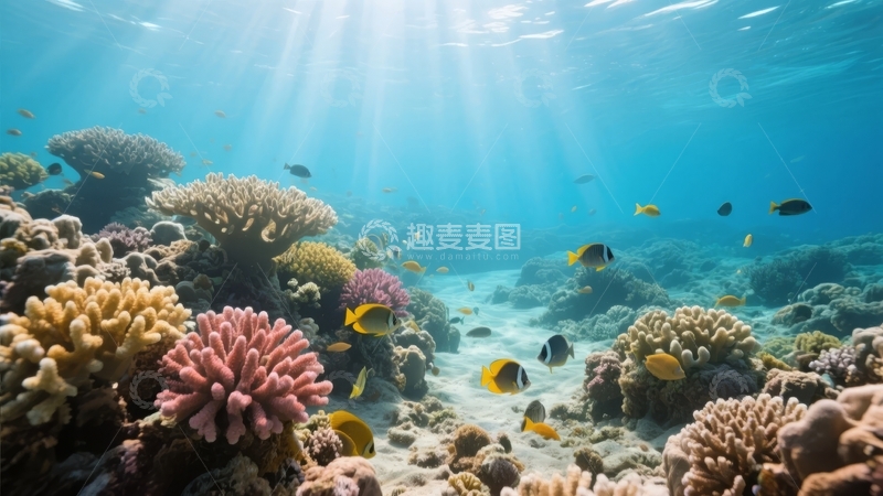 高清大图下载【趣麦麦图】阳光穿透清澈海水照亮色彩斑斓的珊瑚礁与游鱼