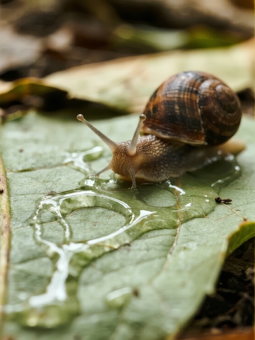 蜗牛在绿叶上爬行周围有水珠