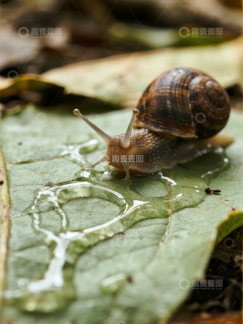 高清大图下载【趣麦麦图】蜗牛在绿叶上爬行周围有水珠