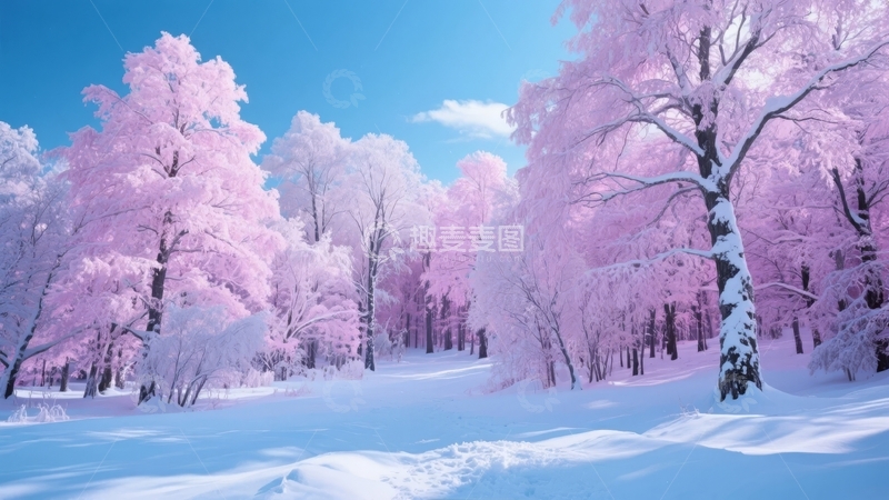 高清大图下载【趣麦麦图】粉红色雪景森林蓝天下的梦幻冬日景象