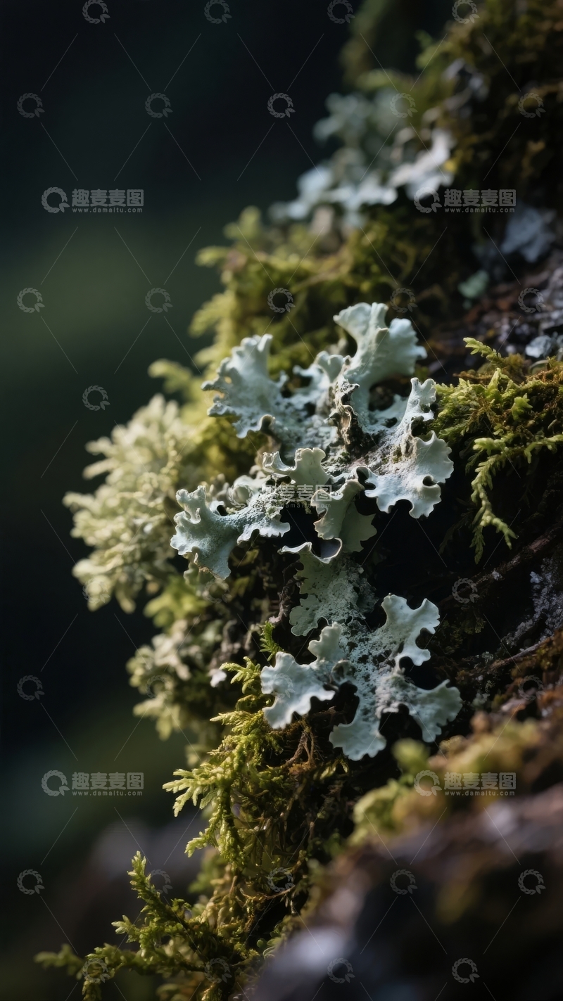 高清大图下载【趣麦麦图】树干上生长的苔藓和地衣在自然光下显得生机勃勃