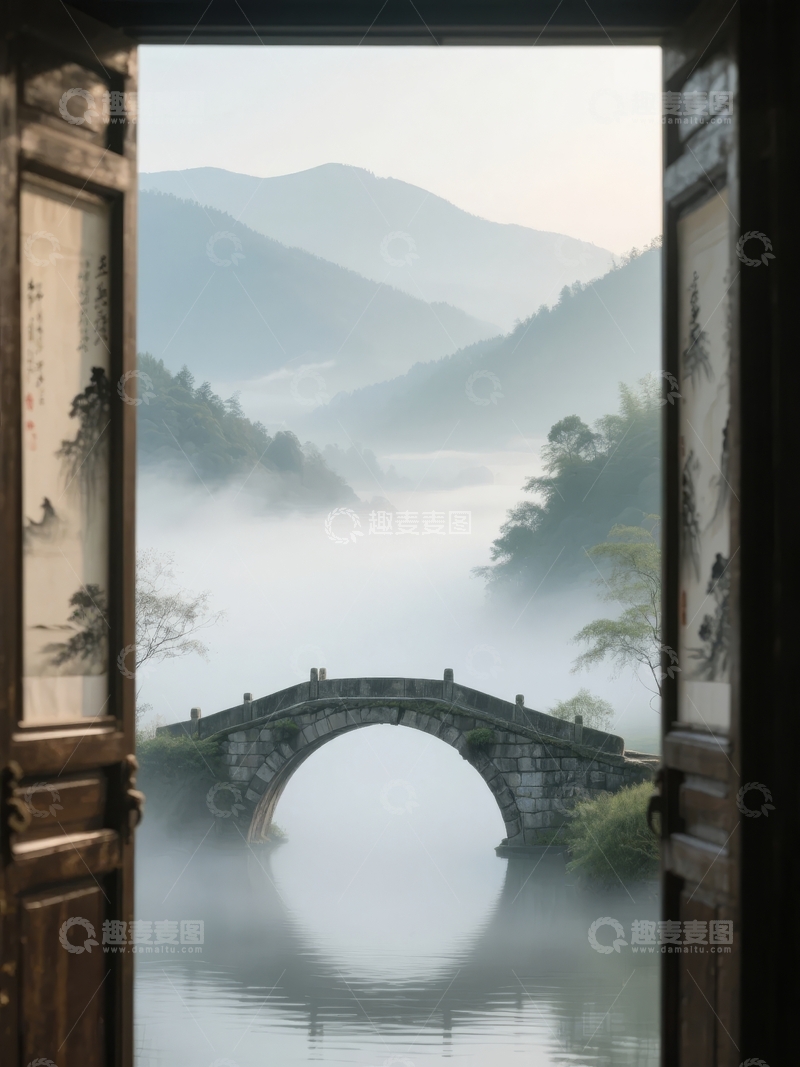 高清大图下载【趣麦麦图】透过雕花木窗望见雾中拱桥与远山